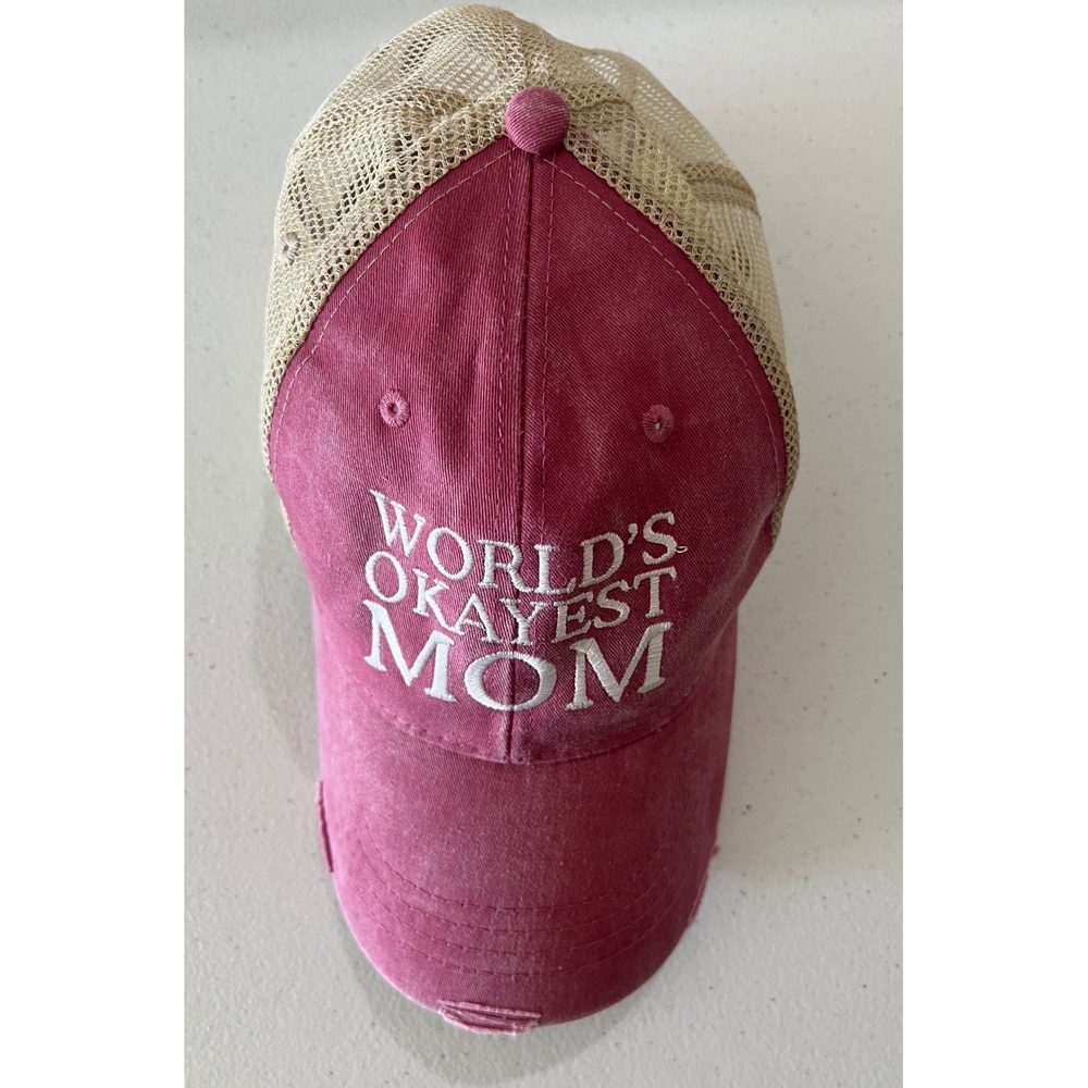 Adams World's Okayest Mom Distressed‎ Trucker Hat Pink Mesh Adjustable